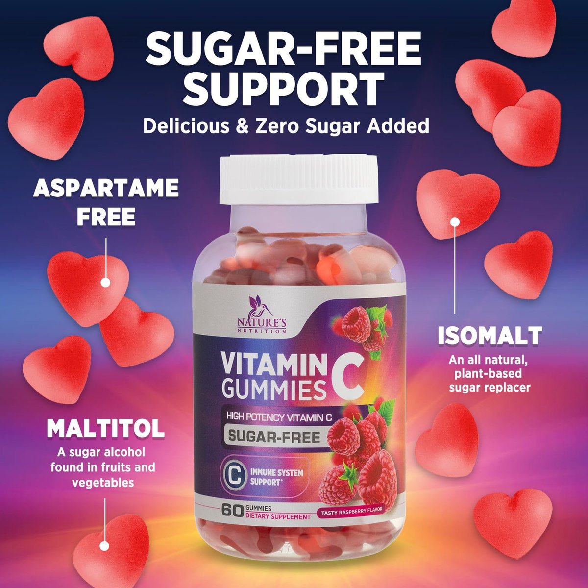 Zero Sugar Vitamin C Gummies – Immunstärkung & Antioxidantien – Vegan, Non-GMO, milch- & glutenfrei – Himbeergeschmack für Kinder & Erwachsene – 60 Gummis