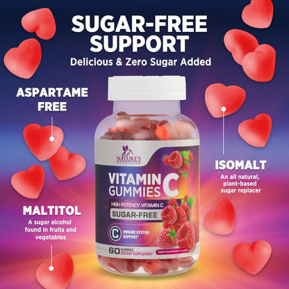 Zero Sugar Vitamin C Gummies – Immunstärkung & Antioxidantien – Vegan, Non-GMO, milch- & glutenfrei – Himbeergeschmack für Kinder & Erwachsene – 60 Gummis