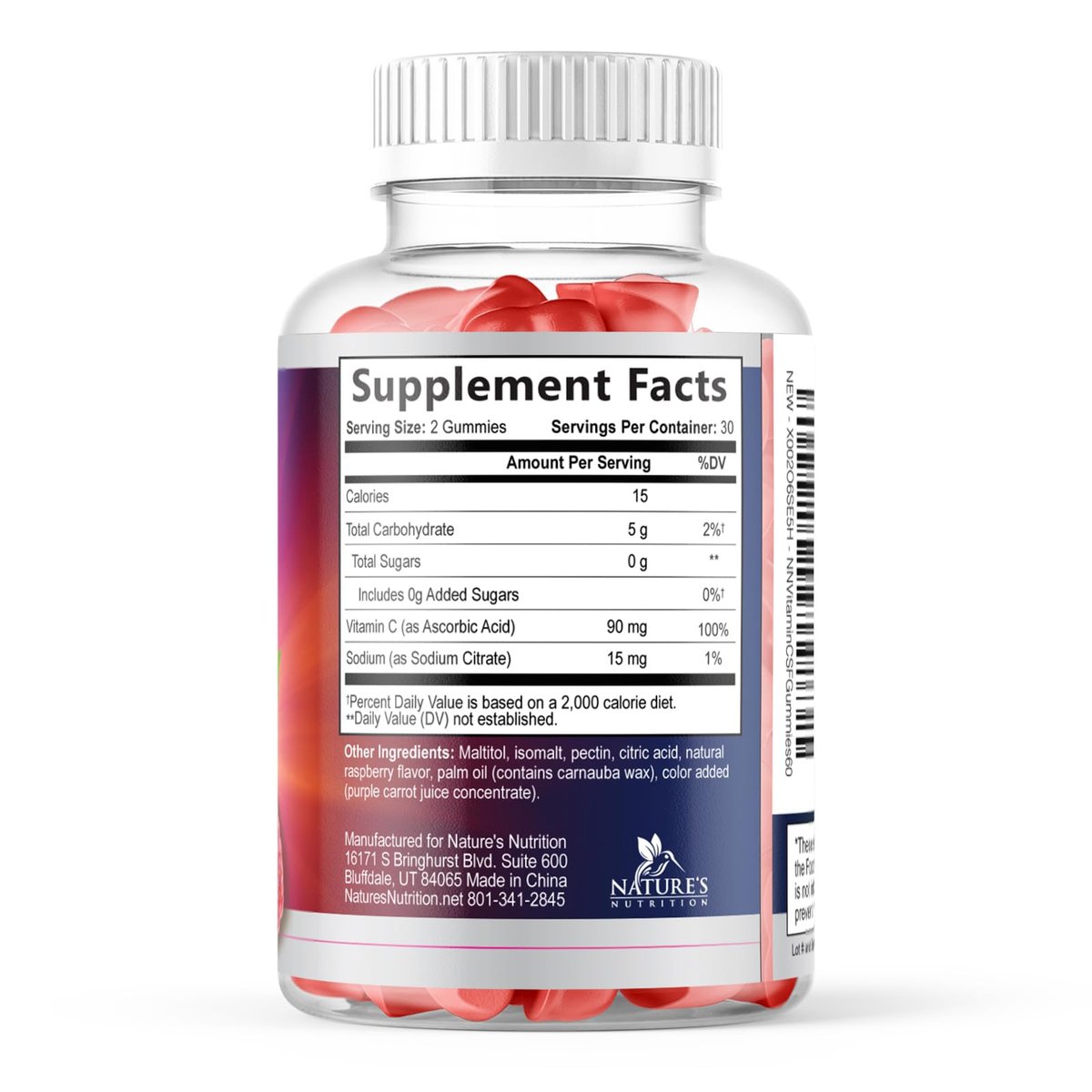 Zero Sugar Vitamin C Gummies – Immunstärkung & Antioxidantien – Vegan, Non-GMO, milch- & glutenfrei – Himbeergeschmack für Kinder & Erwachsene – 60 Gummis