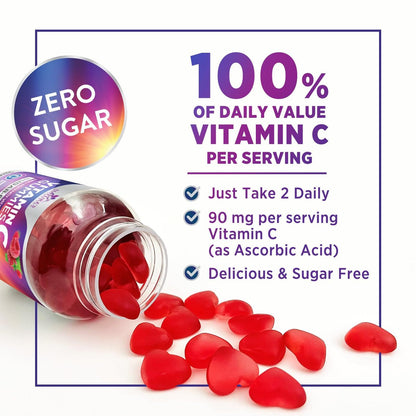 Zero Sugar Vitamin C Gummies – Immunstärkung & Antioxidantien – Vegan, Non-GMO, milch- & glutenfrei – Himbeergeschmack für Kinder & Erwachsene – 60 Gummis