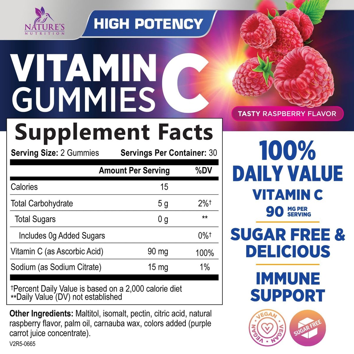 Zero Sugar Vitamin C Gummies – Immunstärkung & Antioxidantien – Vegan, Non-GMO, milch- & glutenfrei – Himbeergeschmack für Kinder & Erwachsene – 60 Gummis