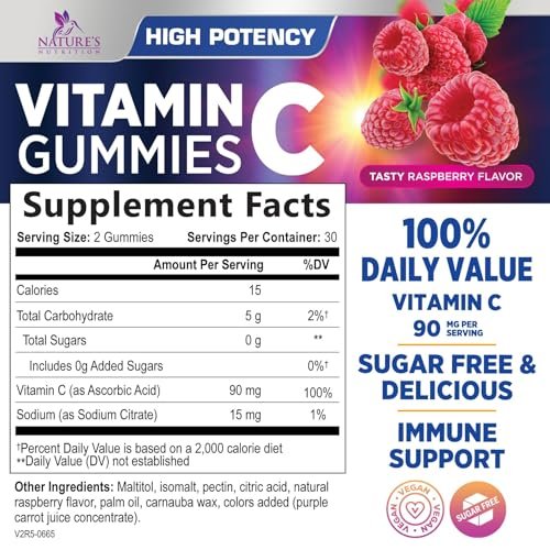 Zero Sugar Vitamin C Gummies – Immunstärkung & Antioxidantien – Vegan, Non-GMO, milch- & glutenfrei – Himbeergeschmack für Kinder & Erwachsene – 60 Gummis