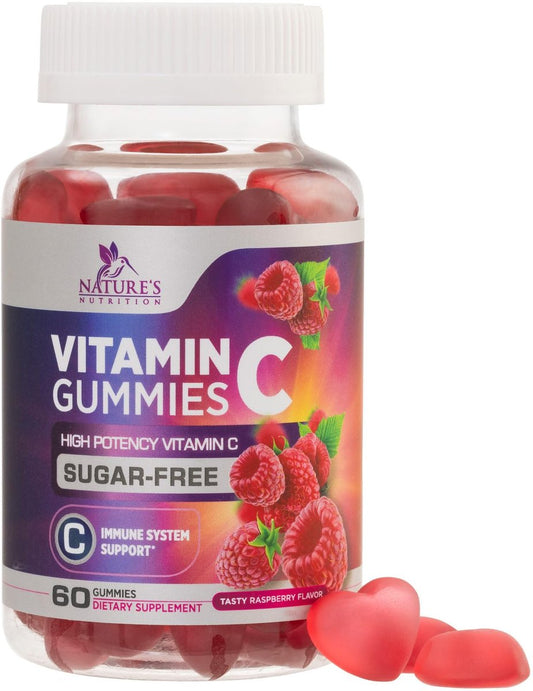 Zero Sugar Vitamin C Gummies – Immunstärkung & Antioxidantien – Vegan, Non-GMO, milch- & glutenfrei – Himbeergeschmack für Kinder & Erwachsene – 60 Gummis
