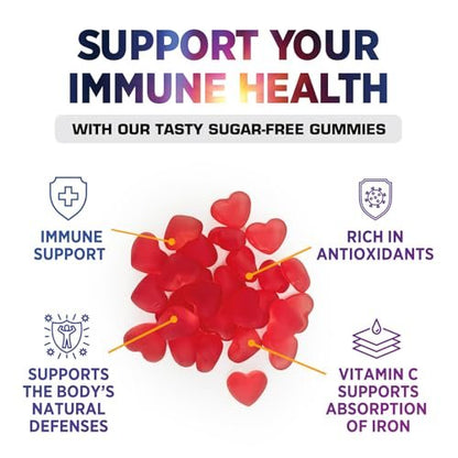 Zero Sugar Vitamin C Gummies – Immunstärkung & Antioxidantien – Vegan, Non-GMO, milch- & glutenfrei – Himbeergeschmack für Kinder & Erwachsene – 60 Gummis