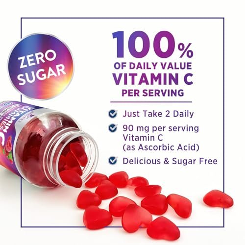 Zero Sugar Vitamin C Gummies – Immunstärkung & Antioxidantien – Vegan, Non-GMO, milch- & glutenfrei – Himbeergeschmack für Kinder & Erwachsene – 60 Gummis