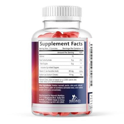 Zero Sugar Vitamin C Gummies - Immunstärkung & Antioxidans Vitamin C Nahrungsergänzung - Vegan, Nicht-GVO, Laktose- & Glutenfrei - Himbeergeschmack für Kinder & Erwachsene - 120 Gummis