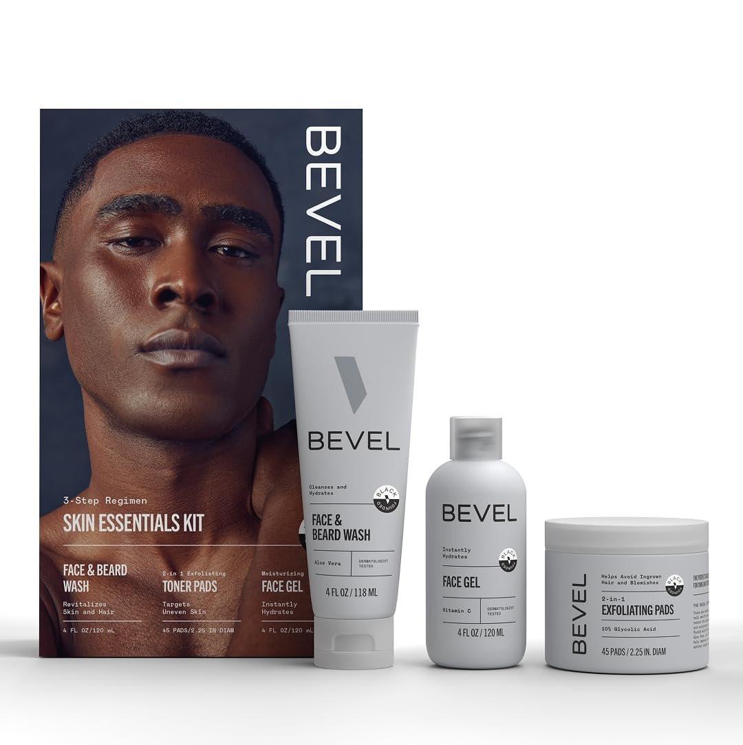 Bevel Herren Gesichtspflege-Set – Komplettes Skincare Kit mit Gesichtsreiniger, AHA-Peeling-Tüchern und Feuchtigkeitscreme gegen Unreinheiten und Pickel