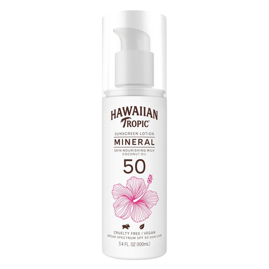 Hawaiian Tropic Skin Nourishing Milk Mineral Sonnencreme Lotion SPF 50, 3,4 Fl Oz | Reisegröße Sonnencreme Zinkoxid, Sonnenmilch, Mineralischer Sonnenschutz SPF 50, Oxybenzonfrei, 3,4 Fl Oz