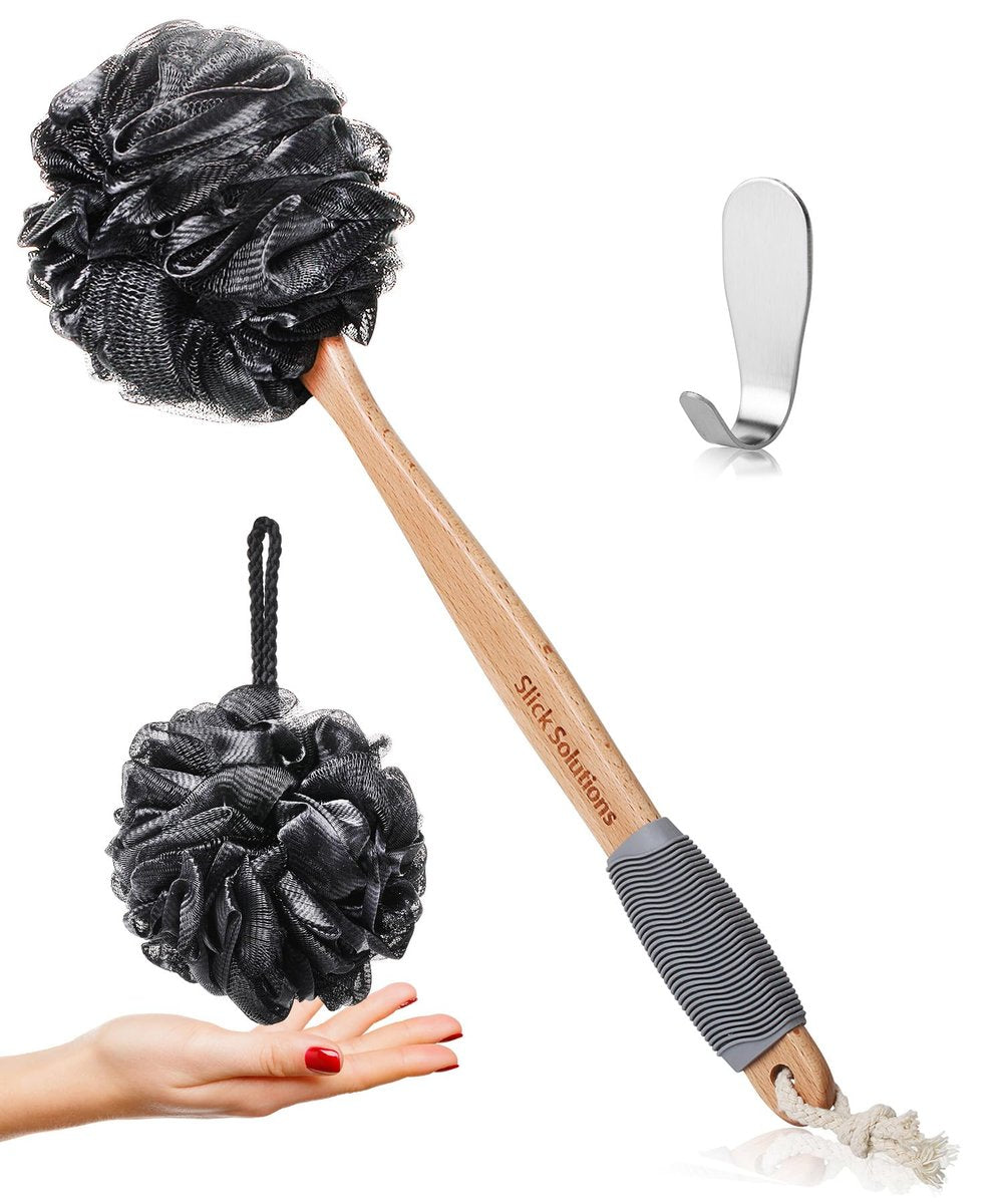 Slick Loofah mit Griff – 43 cm langer Rückenpeeling-Schwamm aus Holz, Grau