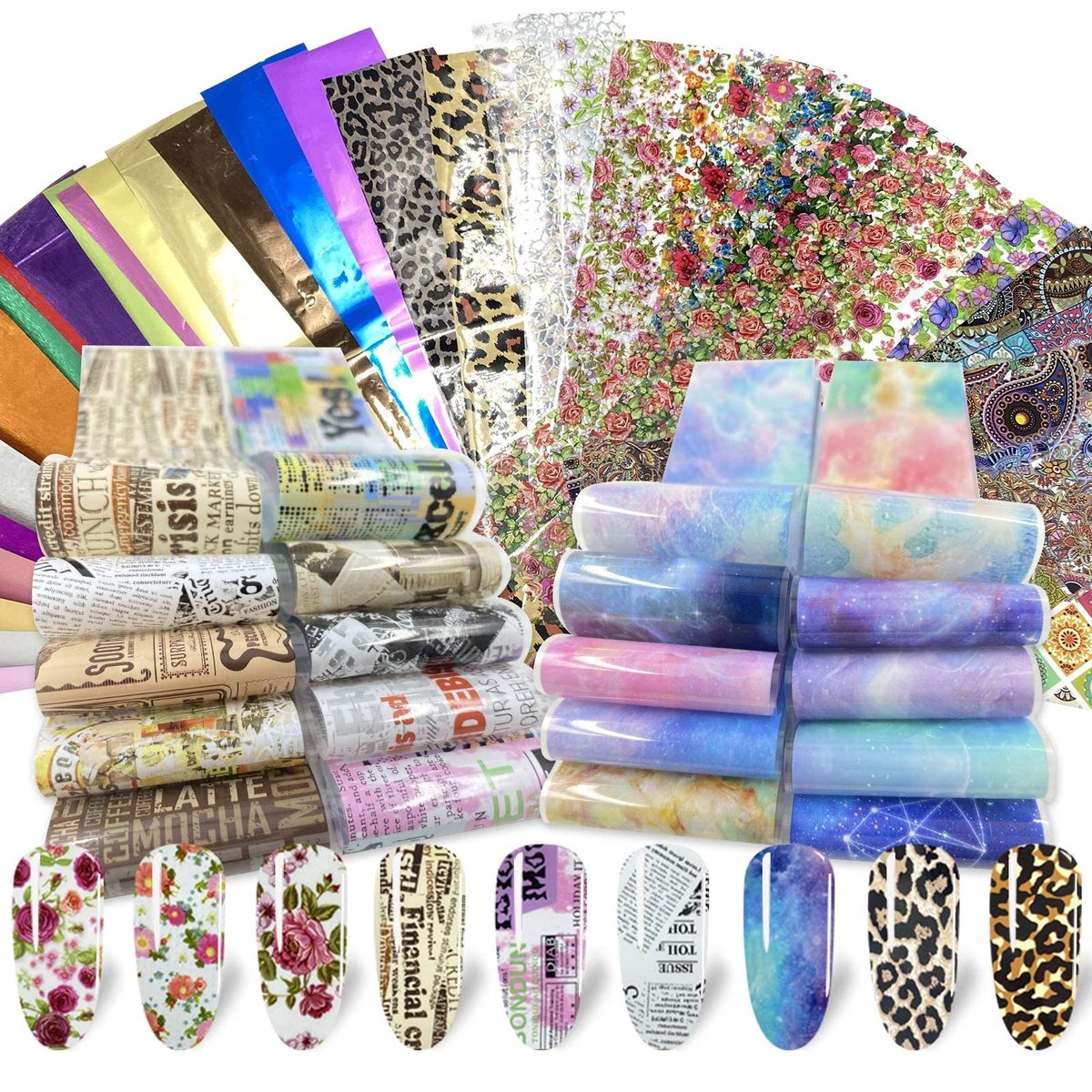 100 Blatt Nagelfolien-Transfer-Sticker-Set – Starry Sky, Laser, Blumen, Leopardenmuster – DIY Nageldesign-Dekorationen