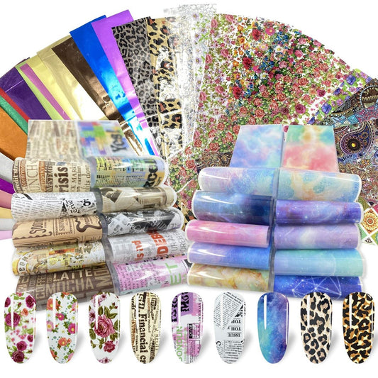 100 Blatt Nagelfolien-Transfer-Sticker-Set – Starry Sky, Laser, Blumen, Leopardenmuster – DIY Nageldesign-Dekorationen