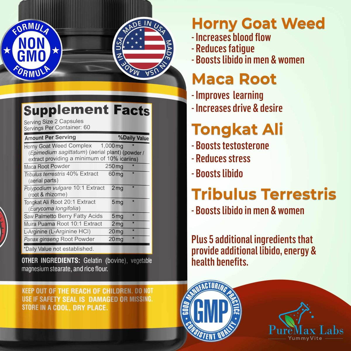 Horny Goat Weed Extra Strength Blend – 120 Kapseln mit Maca, Arginin, Ginseng, Tribulus, Tongkat – Libido, Ausdauer & Energie – Non-GMO Formel