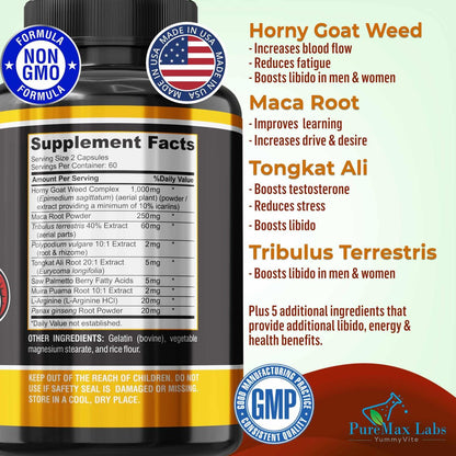 Horny Goat Weed Extra Strength Blend – 120 Kapseln mit Maca, Arginin, Ginseng, Tribulus, Tongkat – Libido, Ausdauer & Energie – Non-GMO Formel