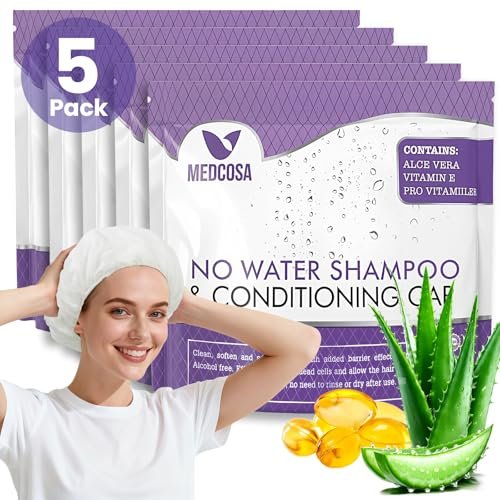 Medcosa Shampoo Caps No Rinse - Shampoo-Kappen für bettlägerige Patienten - mühelose Haarpflege für Senioren - mit Aloe, Vitamin E, Kamille - 5er-Pack