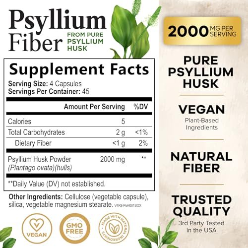 Psyllium Husks Pulver 2000 mg pro Portion – Extra Starkes Psyllium-Faserpulver – Natürliche lösliche Ballaststoffkapseln für Verdauung, Darmgesundheit und Regelmäßigkeit – Hergestellt in den USA – 180 Kapseln