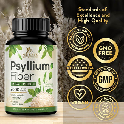 Psyllium Husks Pulver 2000 mg pro Portion – Extra Starkes Psyllium-Faserpulver – Natürliche lösliche Ballaststoffkapseln für Verdauung, Darmgesundheit und Regelmäßigkeit – Hergestellt in den USA – 180 Kapseln