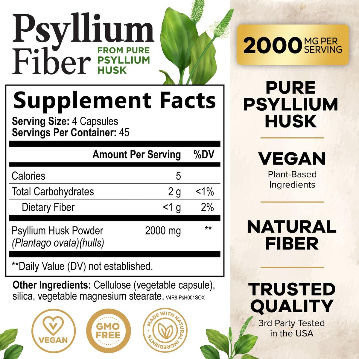Psyllium Husks Pulver 2000 mg pro Portion – Extra Starkes Psyllium-Faserpulver – Natürliche lösliche Ballaststoffkapseln für Verdauung, Darmgesundheit und Regelmäßigkeit – Hergestellt in den USA – 180 Kapseln