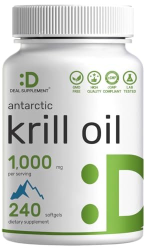 DEAL SUPPLEMENT Antarktischer Krillöl, 1.000 mg pro Portion, 240 Softgels – Quecksilberfrei, kein fischiger Nachgeschmack – Reich an Omega-3, EPA, DHA, Astaxanthin & Phospholipiden – Non-GMO, glutenfrei