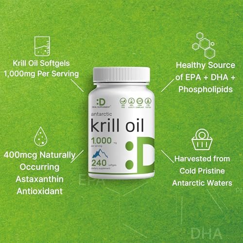 DEAL SUPPLEMENT Antarktischer Krillöl, 1.000 mg pro Portion, 240 Softgels – Quecksilberfrei, kein fischiger Nachgeschmack – Reich an Omega-3, EPA, DHA, Astaxanthin & Phospholipiden – Non-GMO, glutenfrei