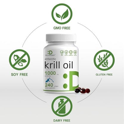 DEAL SUPPLEMENT Antarktischer Krillöl, 1.000 mg pro Portion, 240 Softgels – Quecksilberfrei, kein fischiger Nachgeschmack – Reich an Omega-3, EPA, DHA, Astaxanthin & Phospholipiden – Non-GMO, glutenfrei
