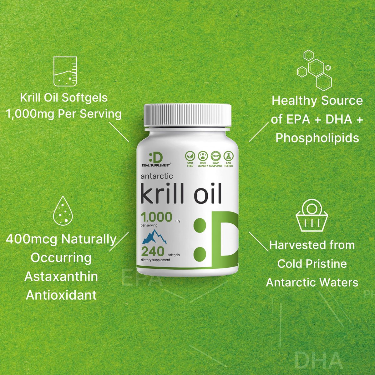 DEAL SUPPLEMENT Antarktischer Krillöl, 1.000 mg pro Portion, 240 Softgels – Quecksilberfrei, kein fischiger Nachgeschmack – Reich an Omega-3, EPA, DHA, Astaxanthin & Phospholipiden – Non-GMO, glutenfrei