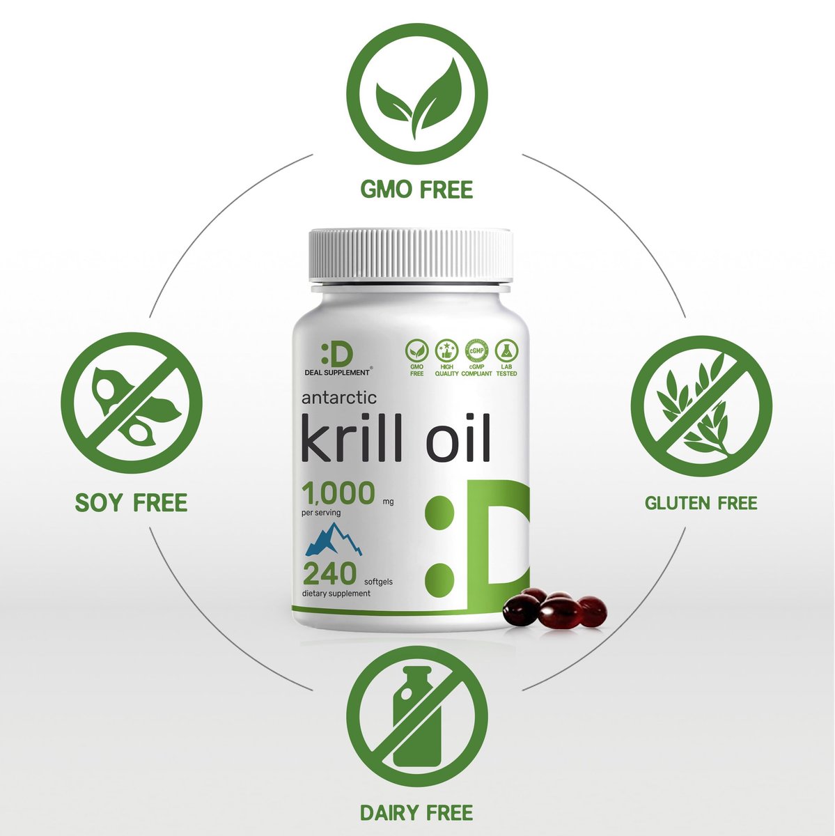 DEAL SUPPLEMENT Antarktischer Krillöl, 1.000 mg pro Portion, 240 Softgels – Quecksilberfrei, kein fischiger Nachgeschmack – Reich an Omega-3, EPA, DHA, Astaxanthin & Phospholipiden – Non-GMO, glutenfrei