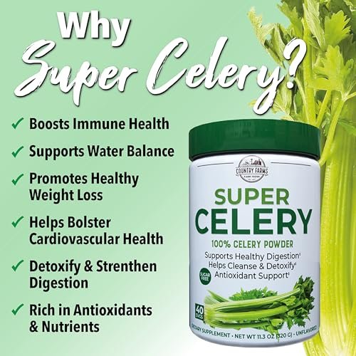 Country Farms Super Celery Pulver, 100% Selleriepulver, unterstützt gesunde Verdauung, hilft bei der Reinigung & Entgiftung, Antioxidantien-Unterstützung, 40 Portionen, 11,3 Unzen (1er Pack)
