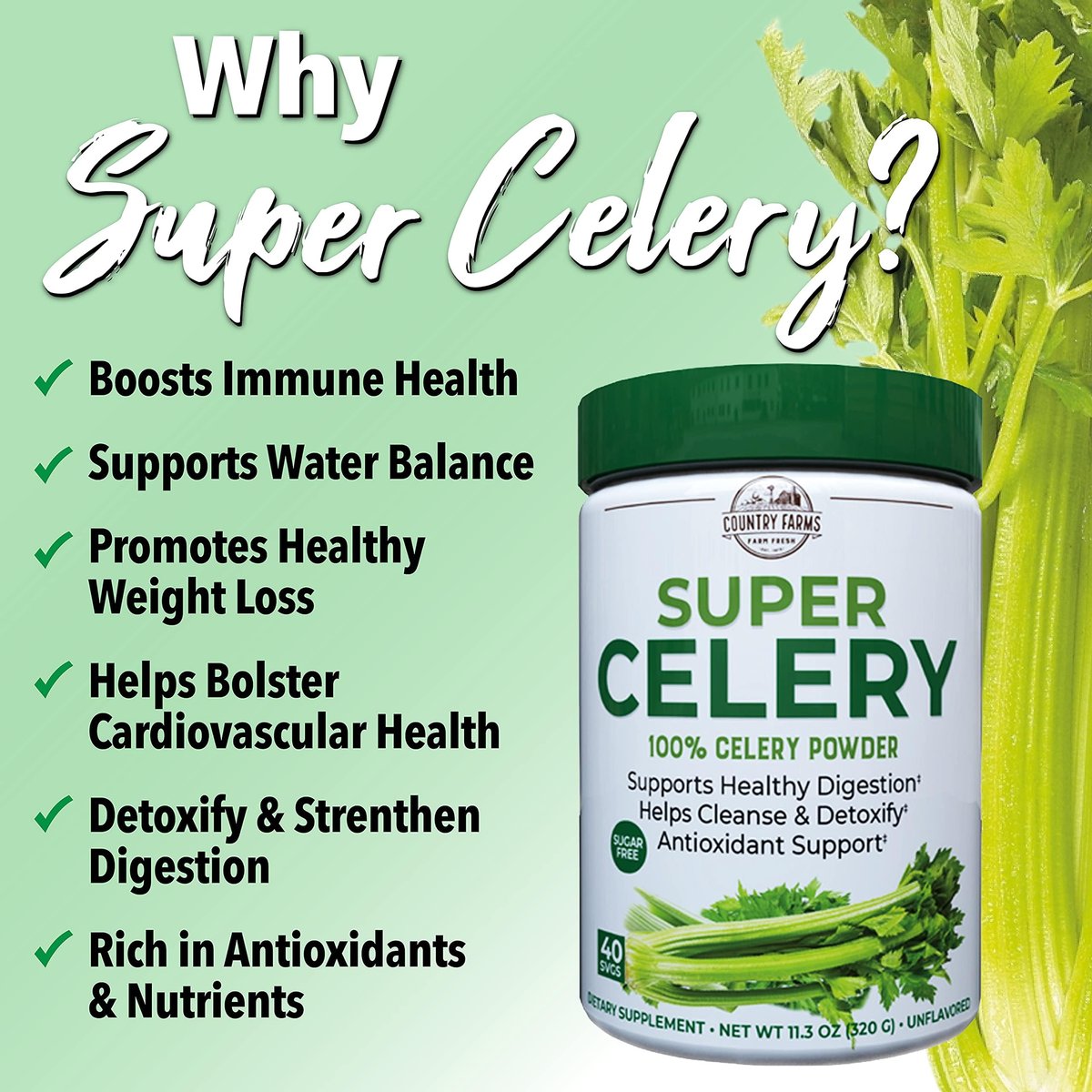 Country Farms Super Celery Pulver, 100% Selleriepulver, unterstützt gesunde Verdauung, hilft bei der Reinigung & Entgiftung, Antioxidantien-Unterstützung, 40 Portionen, 11,3 Unzen (1er Pack)