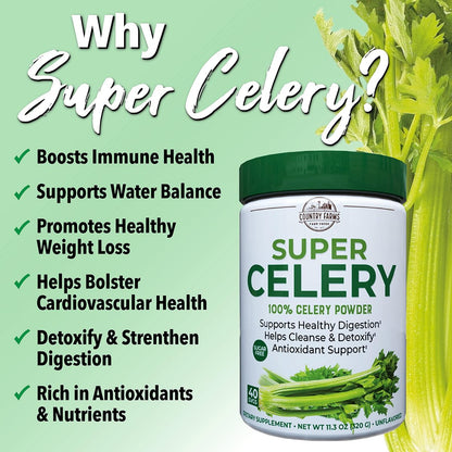 Country Farms Super Celery Pulver, 100% Selleriepulver, unterstützt gesunde Verdauung, hilft bei der Reinigung & Entgiftung, Antioxidantien-Unterstützung, 40 Portionen, 11,3 Unzen (1er Pack)