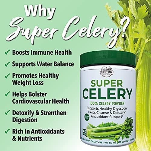 Country Farms Super Celery Pulver, 100% Selleriepulver, unterstützt gesunde Verdauung, hilft bei der Reinigung & Entgiftung, Antioxidantien-Unterstützung, 40 Portionen, 11,3 Unzen (1er Pack)