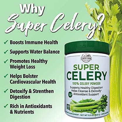Country Farms Super Celery Pulver, 100% Selleriepulver, unterstützt gesunde Verdauung, hilft bei der Reinigung & Entgiftung, Antioxidantien-Unterstützung, 40 Portionen, 11,3 Unzen (1er Pack)