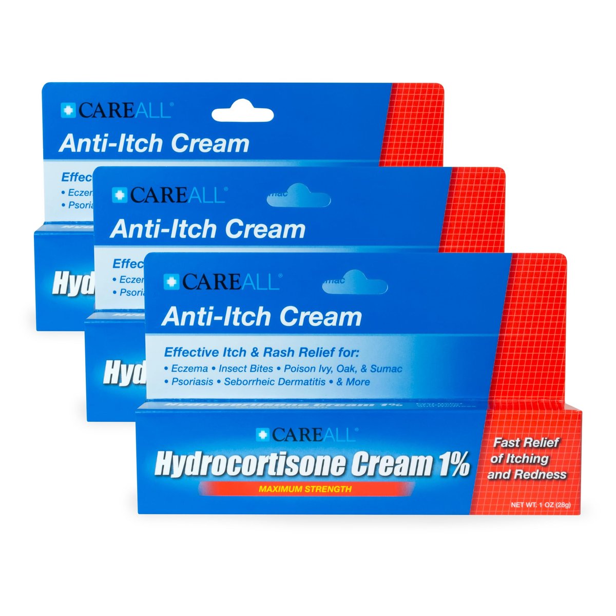 CareAll Hydrocortison 1% - 3er-Pack mit 28,3g Tuben, Maximale Stärke Anti-Juckreiz Creme, Lindert Juckreiz und Rötungen bei Insektenstichen, Ekzemen, Psoriasis, Giftefeu, Eiche und Sumach