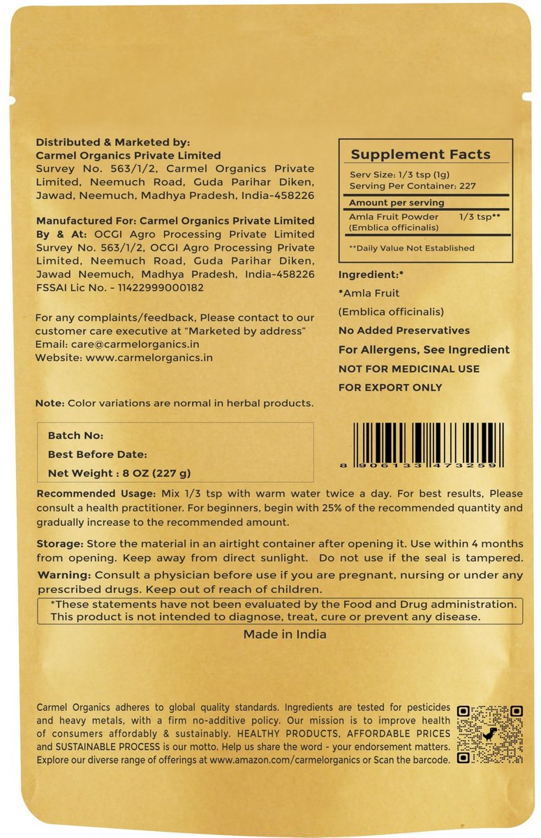 CARMEL ORGANICS Amla/Amlaki (Emblica officinalis) Fruchtpulver (227 g) für Haarpflege, Haut und Wohlbefinden | Natürlich, Nicht GVO | Ohne Zusatzstoffe