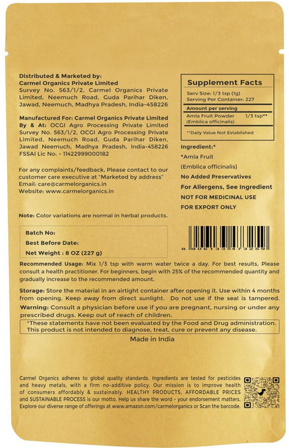 CARMEL ORGANICS Amla/Amlaki (Emblica officinalis) Fruchtpulver (227 g) für Haarpflege, Haut und Wohlbefinden | Natürlich, Nicht GVO | Ohne Zusatzstoffe