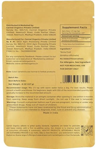 CARMEL ORGANICS Amla/Amlaki (Emblica officinalis) Fruchtpulver (227 g) für Haarpflege, Haut und Wohlbefinden | Natürlich, Nicht GVO | Ohne Zusatzstoffe