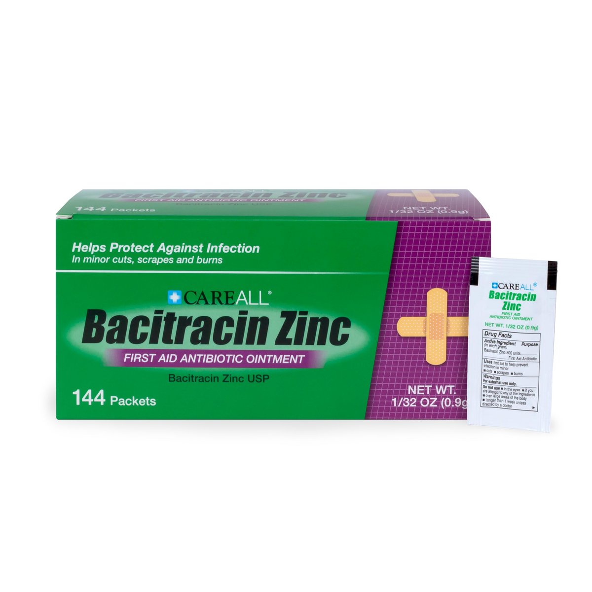 CareAll Bacitracin Antibiotikum Zinksalbe (144er-Pack), 0,9 g Folienbeutel – Erste-Hilfe-Salbe zur Infektionsprävention bei kleinen Schnitten, Schürfwunden und Verbrennungen