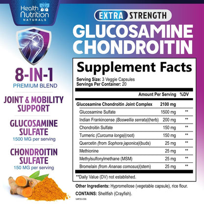 Glucosamin Chondroitin MSM Komplex - 3-fache Stärke Gelenkunterstützung mit Glucosaminsulfat, Kurkuma, Boswellia - für Knorpel, Beweglichkeit & Flexibilität - in den USA abgefüllt - 60 Kapseln