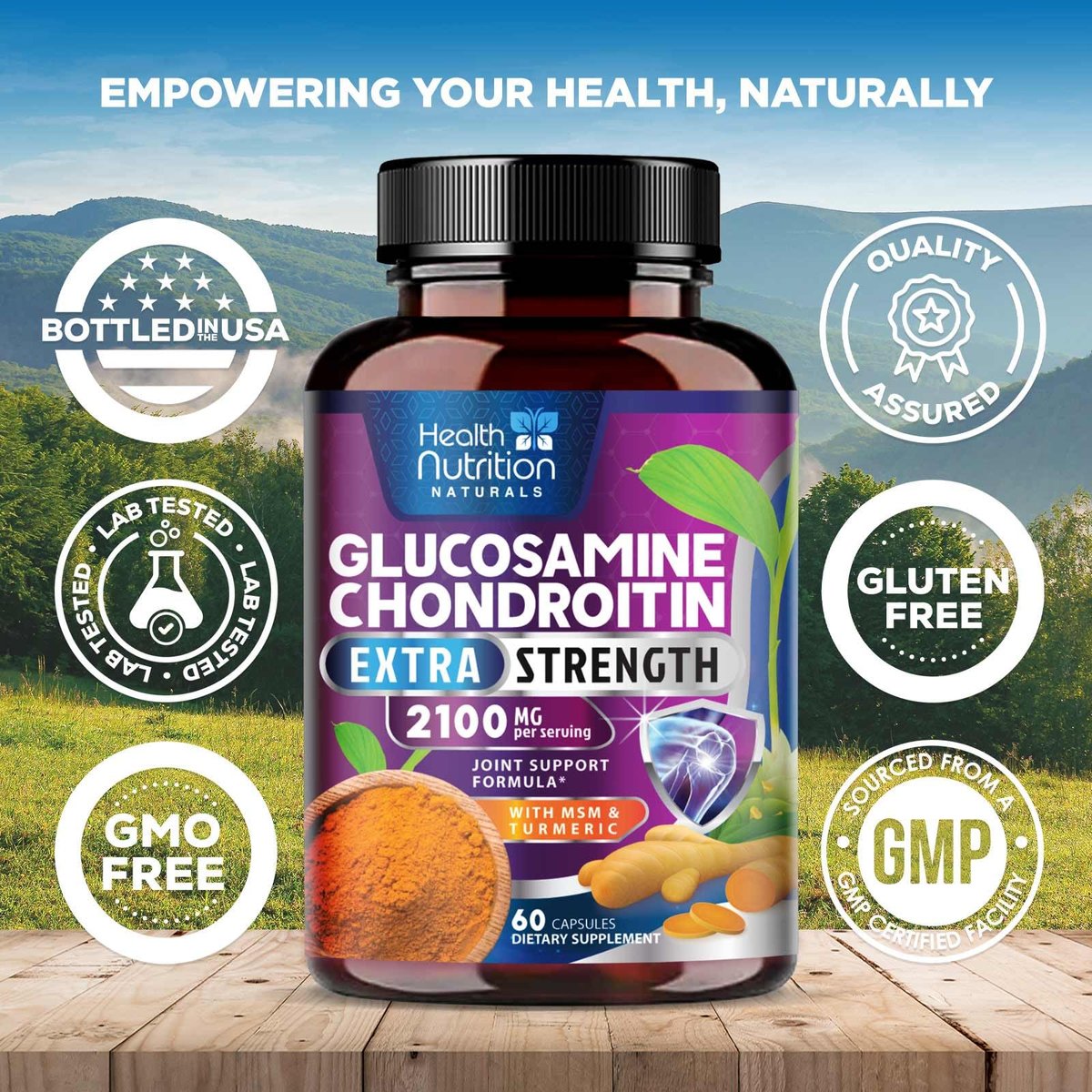 Glucosamin Chondroitin MSM Komplex - 3-fache Stärke Gelenkunterstützung mit Glucosaminsulfat, Kurkuma, Boswellia - für Knorpel, Beweglichkeit & Flexibilität - in den USA abgefüllt - 60 Kapseln