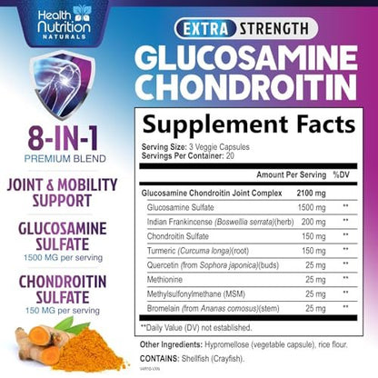 Glucosamin Chondroitin MSM Komplex - 3-fache Stärke Gelenkunterstützung mit Glucosaminsulfat, Kurkuma, Boswellia - für Knorpel, Beweglichkeit & Flexibilität - in den USA abgefüllt - 60 Kapseln