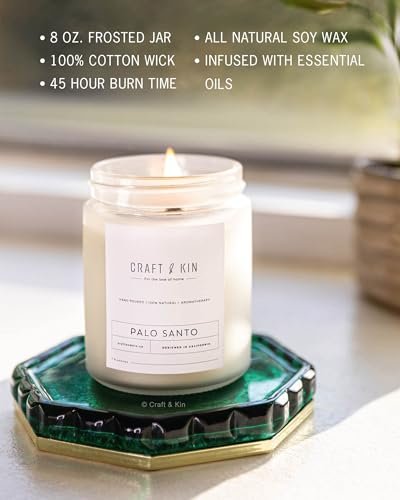 Craft & Kin Palo Santo Duftkerze | 8 Oz 45 Stunden Brenndauer | Klassische Sojawachs-Winterkerze mit Holzdocht | Natürliches Sojawachs | Geschenkidee für Männer und Frauen