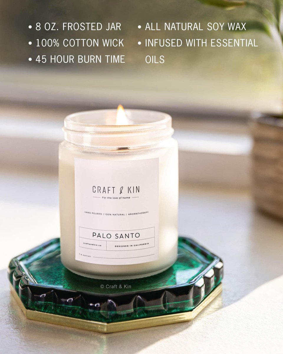 Craft & Kin Palo Santo Duftkerze | 8 Oz 45 Stunden Brenndauer | Klassische Sojawachs-Winterkerze mit Holzdocht | Natürliches Sojawachs | Geschenkidee für Männer und Frauen