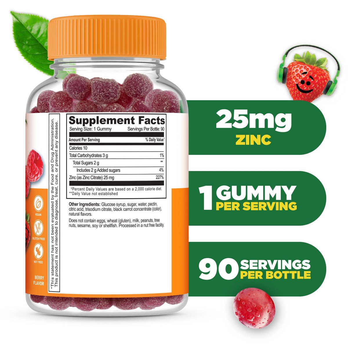 Lifeable Zink Gummis für Kinder | 25 mg | Leckerer natürlicher Zinkgeschmack | Glutenfrei, vegetarisch, ohne Gentechnik | Immununterstützung | 90 Gummis