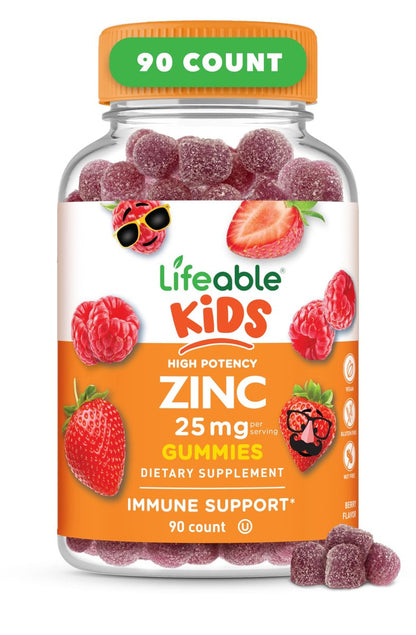 Lifeable Zink Gummis für Kinder | 25 mg | Leckerer natürlicher Zinkgeschmack | Glutenfrei, vegetarisch, ohne Gentechnik | Immununterstützung | 90 Gummis