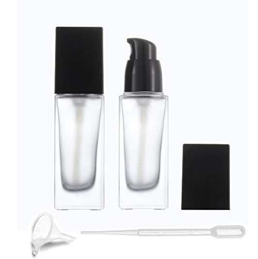 2er-Pack 30ml/1 Oz Frosted Glasflasche für Foundation, Nachfüllbare quadratische Lotionflasche mit Pumpe für Lotion, Flüssigcreme, Kosmetik, Reise-Probefläschchen – inkl. Pipette und Trichter