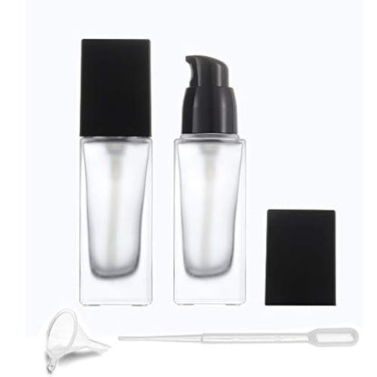 2er-Pack 30ml/1 Oz Frosted Glasflasche für Foundation, Nachfüllbare quadratische Lotionflasche mit Pumpe für Lotion, Flüssigcreme, Kosmetik, Reise-Probefläschchen – inkl. Pipette und Trichter
