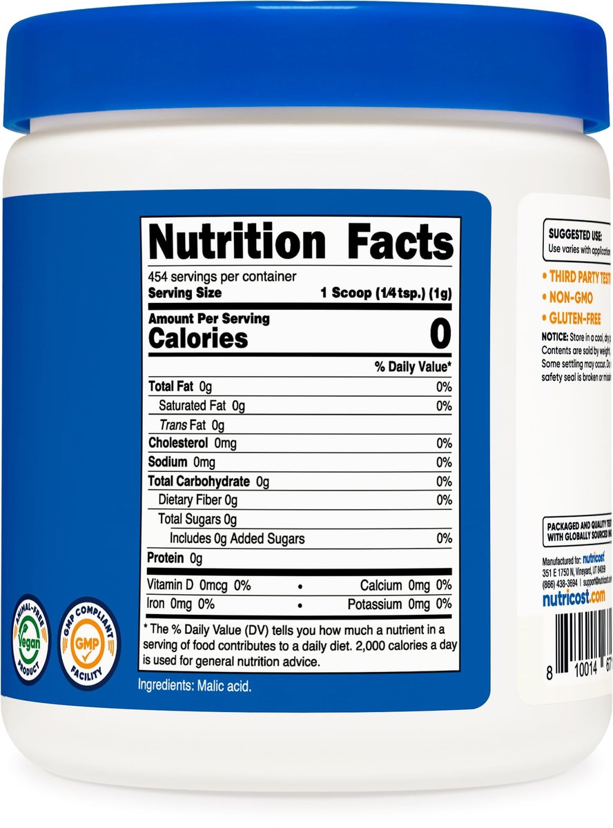 Nutricost Äpfelsäure Pulver 454 g (1 lb) – Glutenfrei, Nicht-GVO