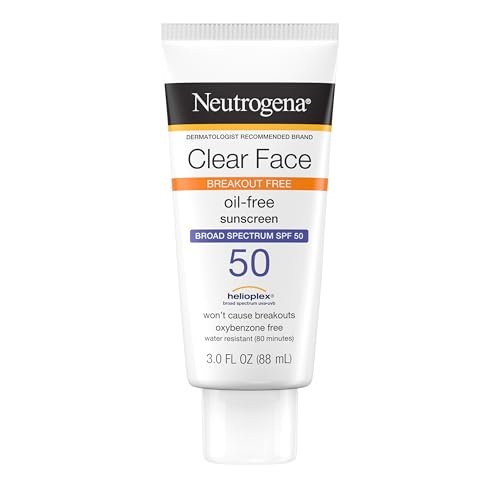 Neutrogena Clear Face Sonnenschutzlotion für zu Akne neigende Haut, Breitband SPF 50, Gesichtssonnencreme für fettige Haut, öl-, duftstoff- und oxybenzonfrei, wasserbeständig, matt, unparfümiert, 89 ml