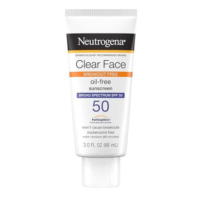 Neutrogena Clear Face Sonnenschutzlotion für zu Akne neigende Haut, Breitband SPF 50, Gesichtssonnencreme für fettige Haut, öl-, duftstoff- und oxybenzonfrei, wasserbeständig, matt, unparfümiert, 89 ml