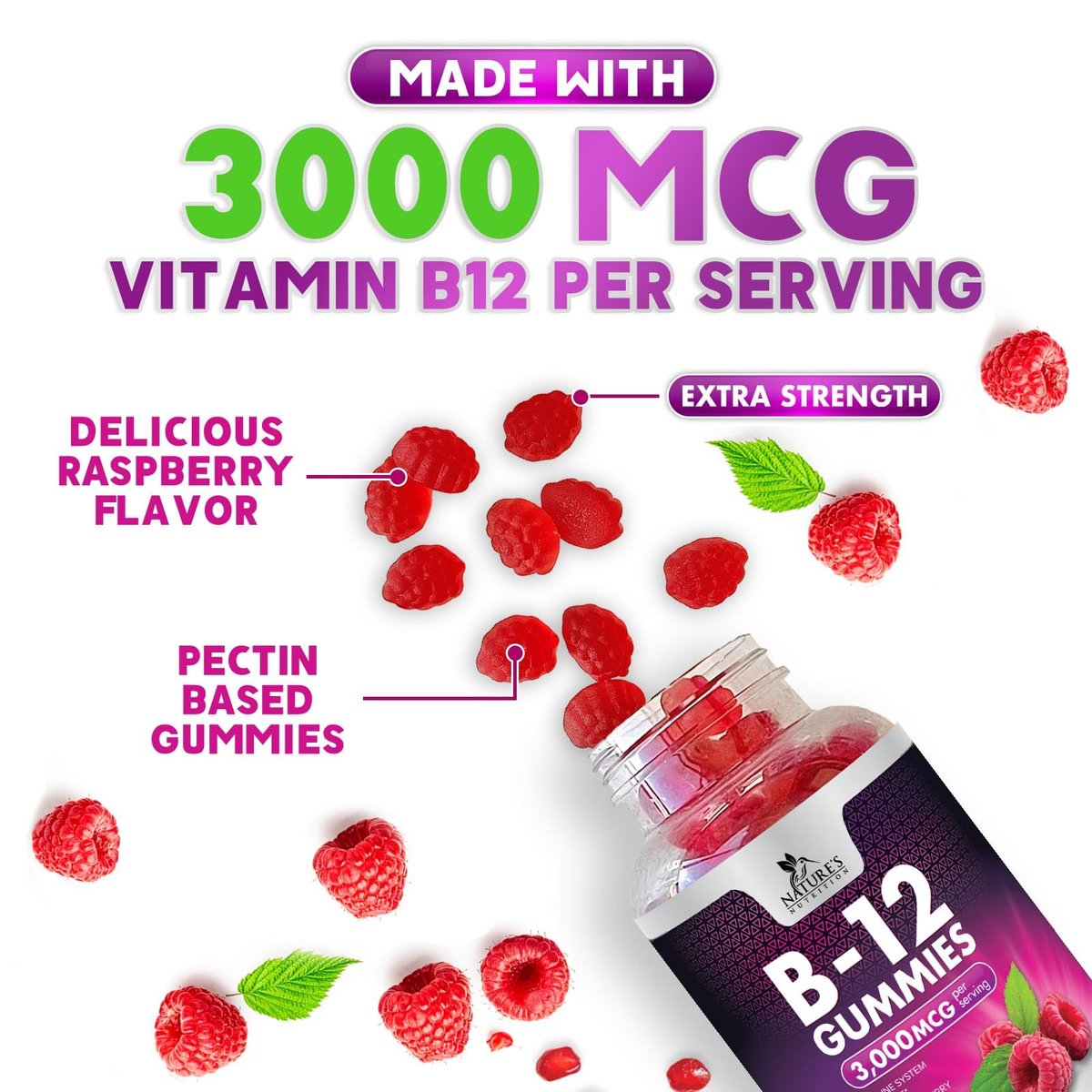 Vitamin B12 Gummis – 3000 mcg pro Portion Extra starke Energie B12 Gummibärchen für Stoffwechsel und Immununterstützung – Kaubare B-12 Nahrungsergänzung, natürliche, koffeinfreie Gummis, Beerengeschmack – 60 Gummis