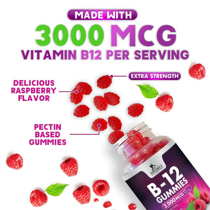 Vitamin B12 Gummis – 3000 mcg pro Portion Extra starke Energie B12 Gummibärchen für Stoffwechsel und Immununterstützung – Kaubare B-12 Nahrungsergänzung, natürliche, koffeinfreie Gummis, Beerengeschmack – 60 Gummis